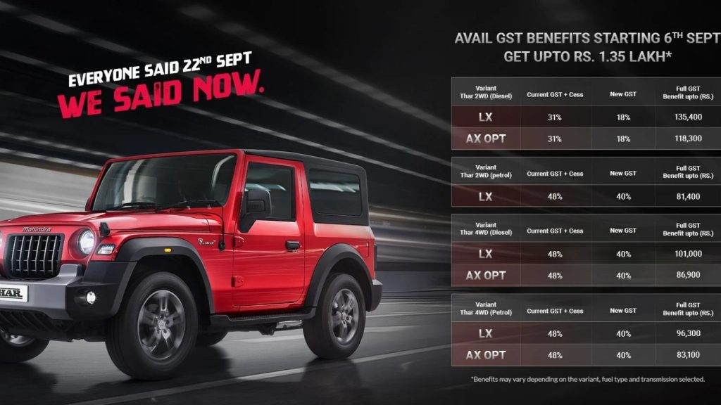 Mahindra Thar Cheaper Under GST